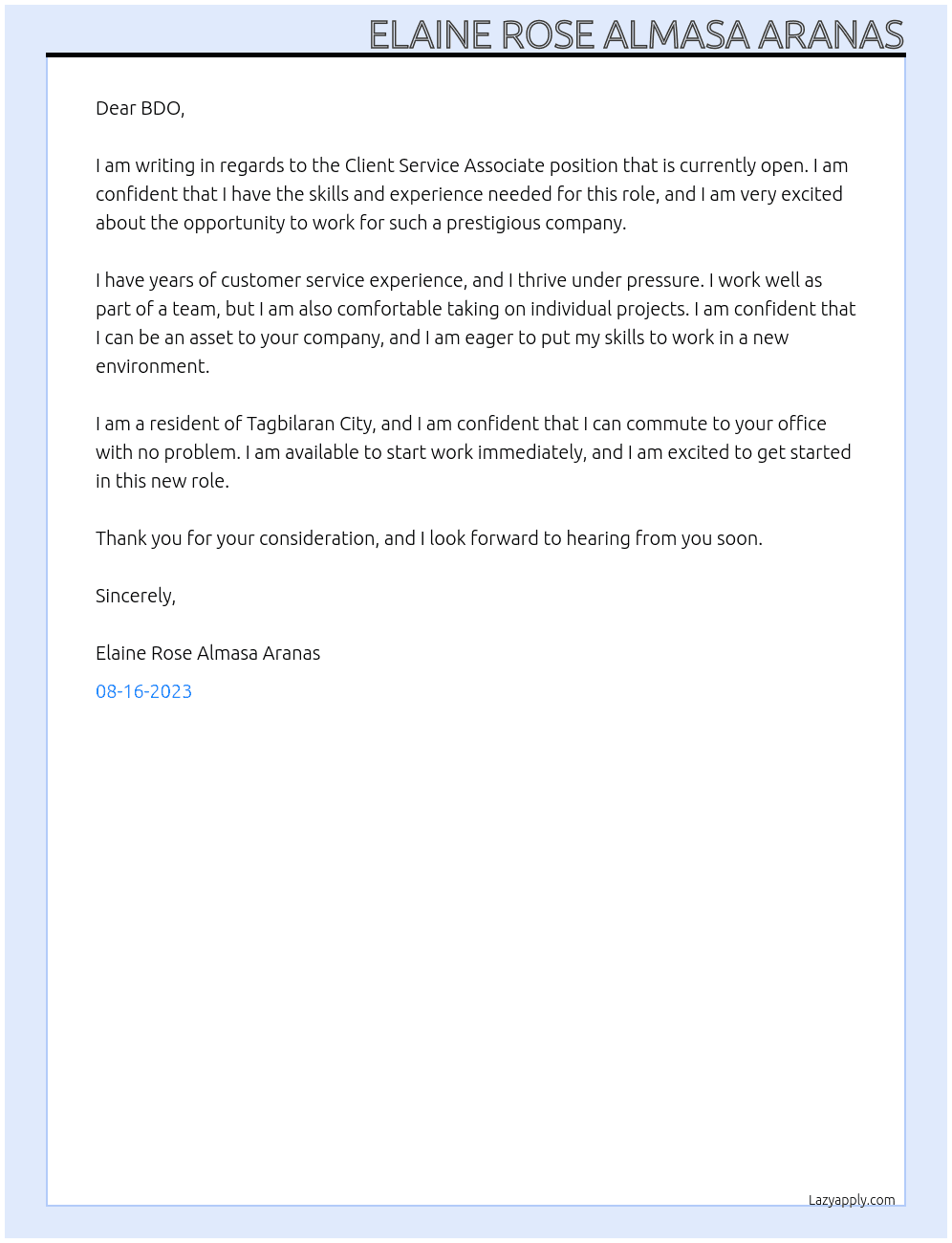  Client Service Associate At bdo Cover Letter