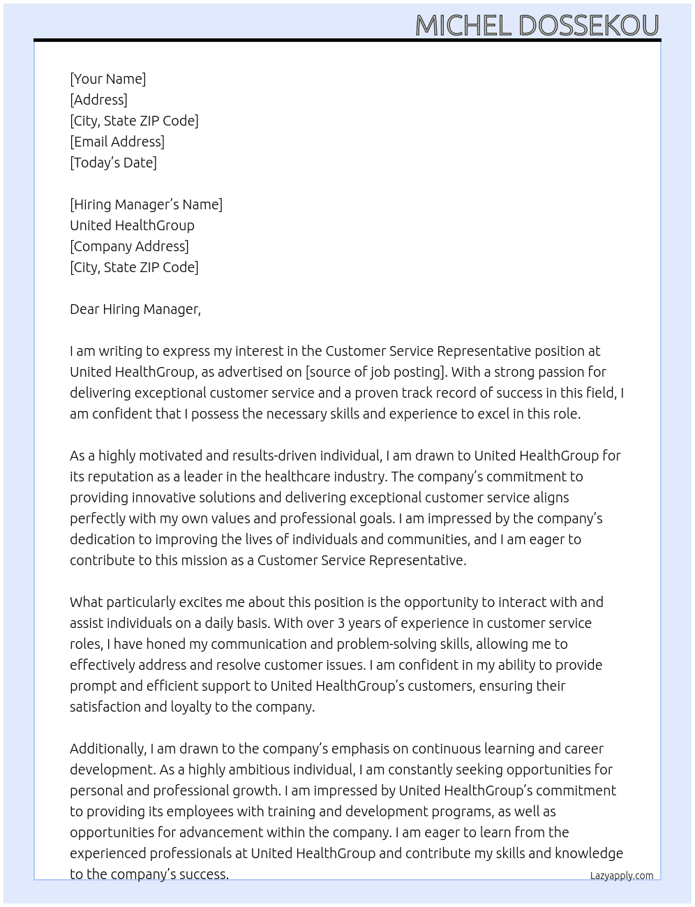 Customer Service Representative At United HealthGroup Cover Letter