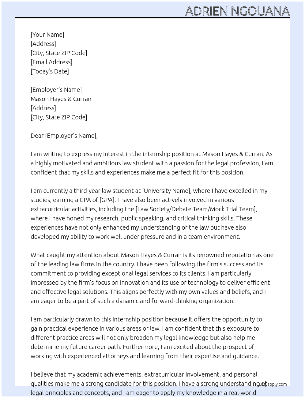 intership at law firm At Mason Hayes & Curran Cover Letter