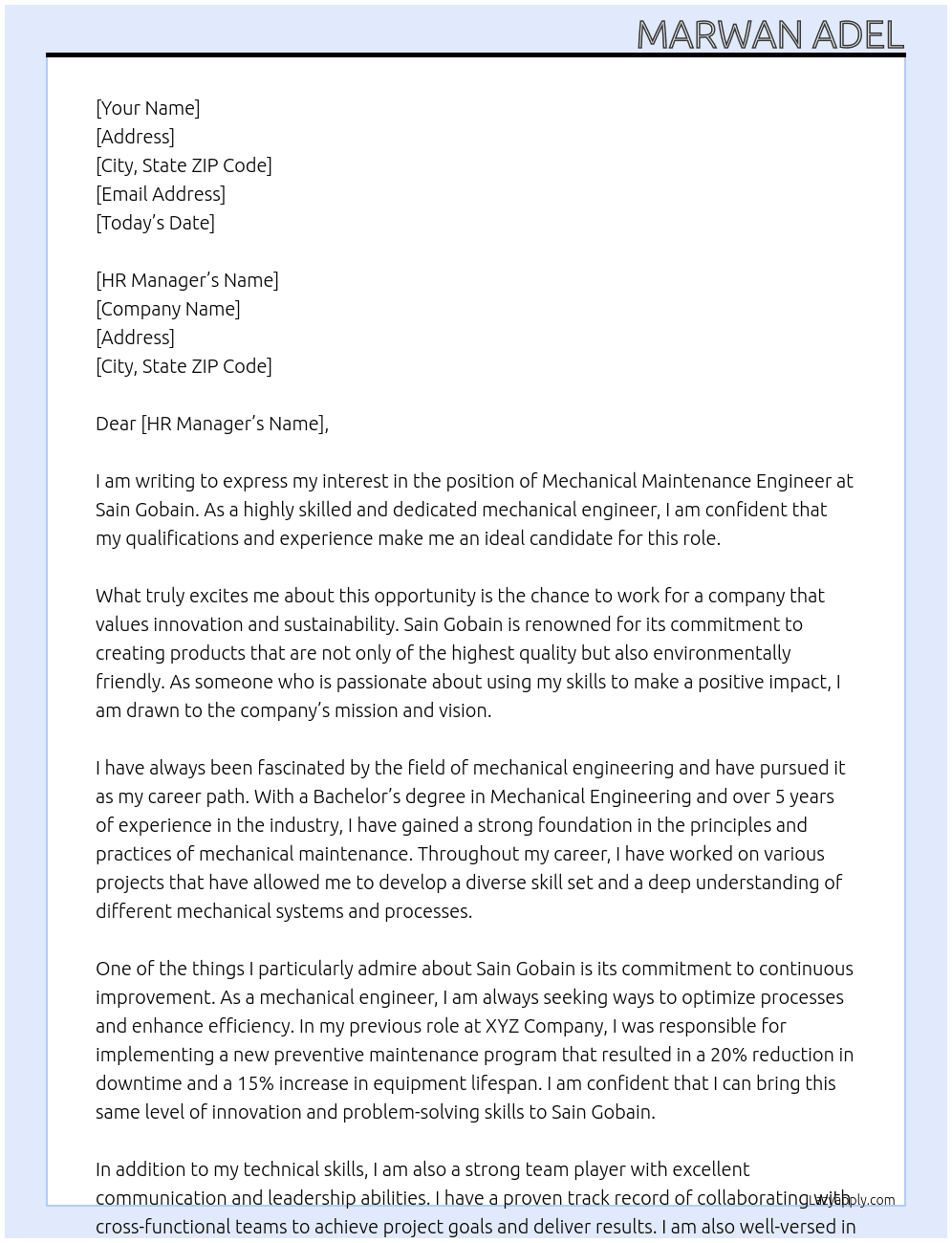 Mechanical maintenance engineer At Sain gobain Cover Letter