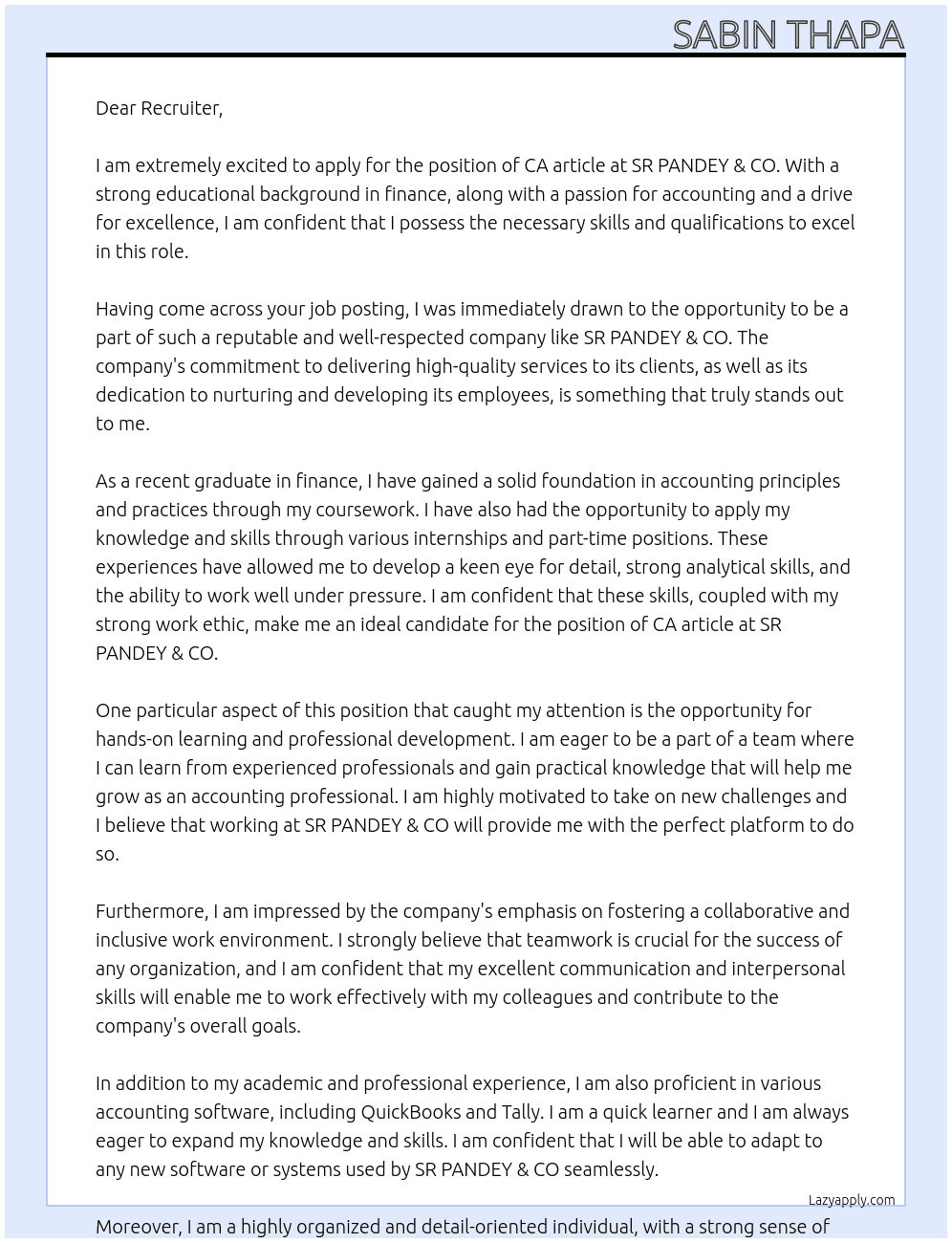 CA article At SR PANDEY & CO. Cover Letter
