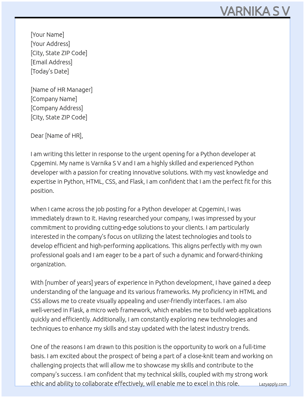 Python developer At Cpgemini Cover Letter