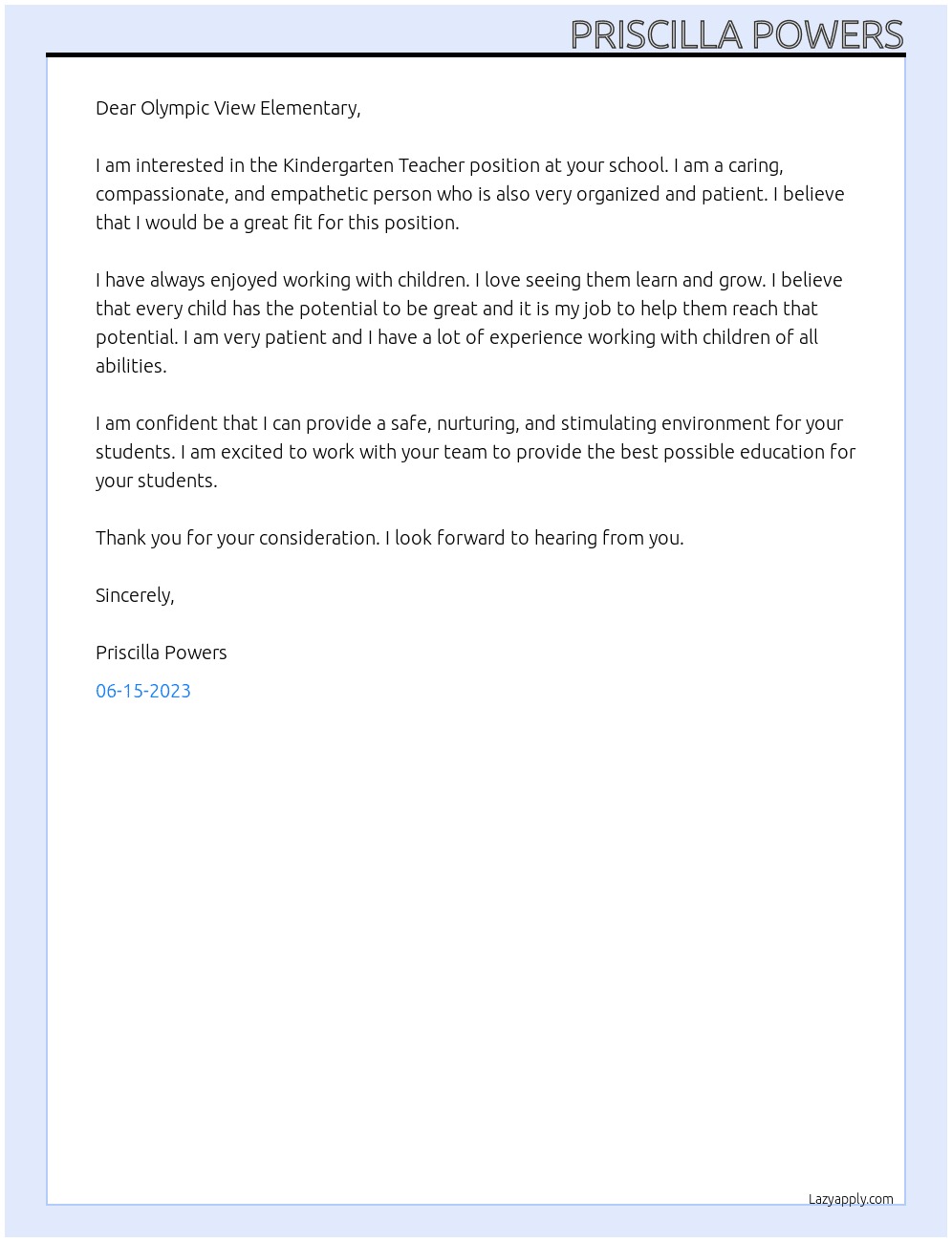 Kindergarten Teacher At Olympic View Elementary Cover Letter