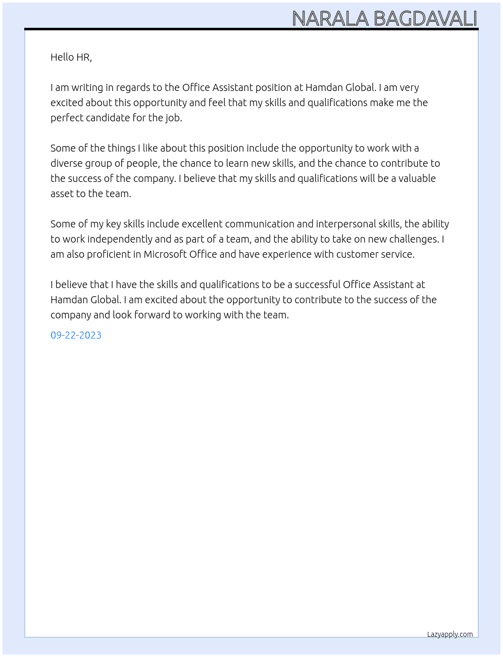 Office Assistant At Hamdan Global Cover Letter