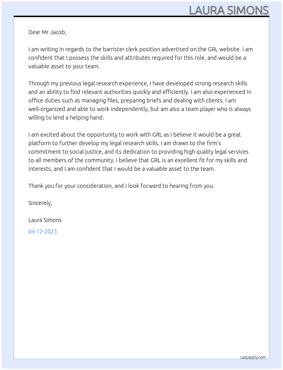 barrister clerk At GRL Cover Letter