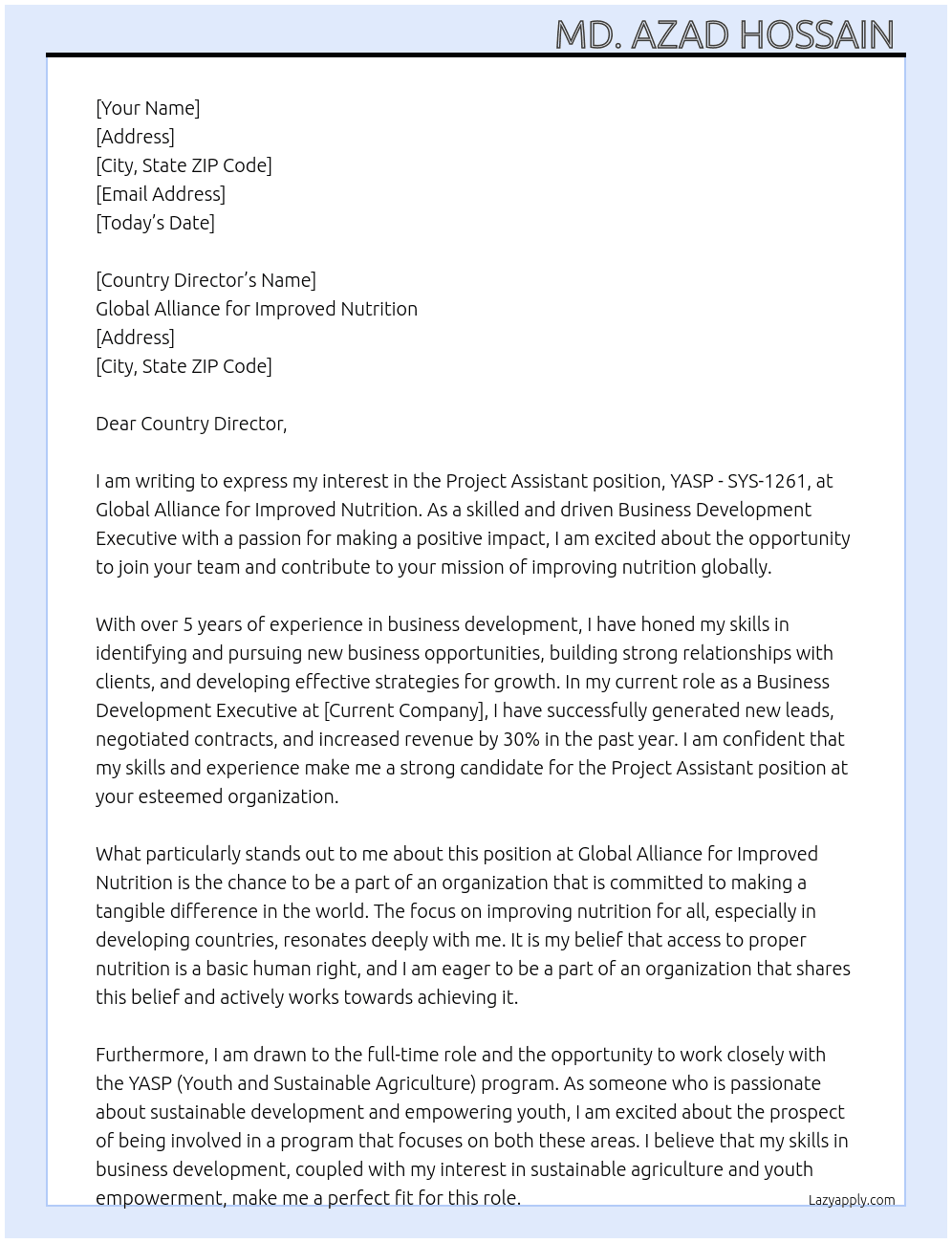 Project Assistant, YASP - SYS-1261 At GLOBAL ALLIANCE FOR IMPROVED NUTRITION  Cover Letter