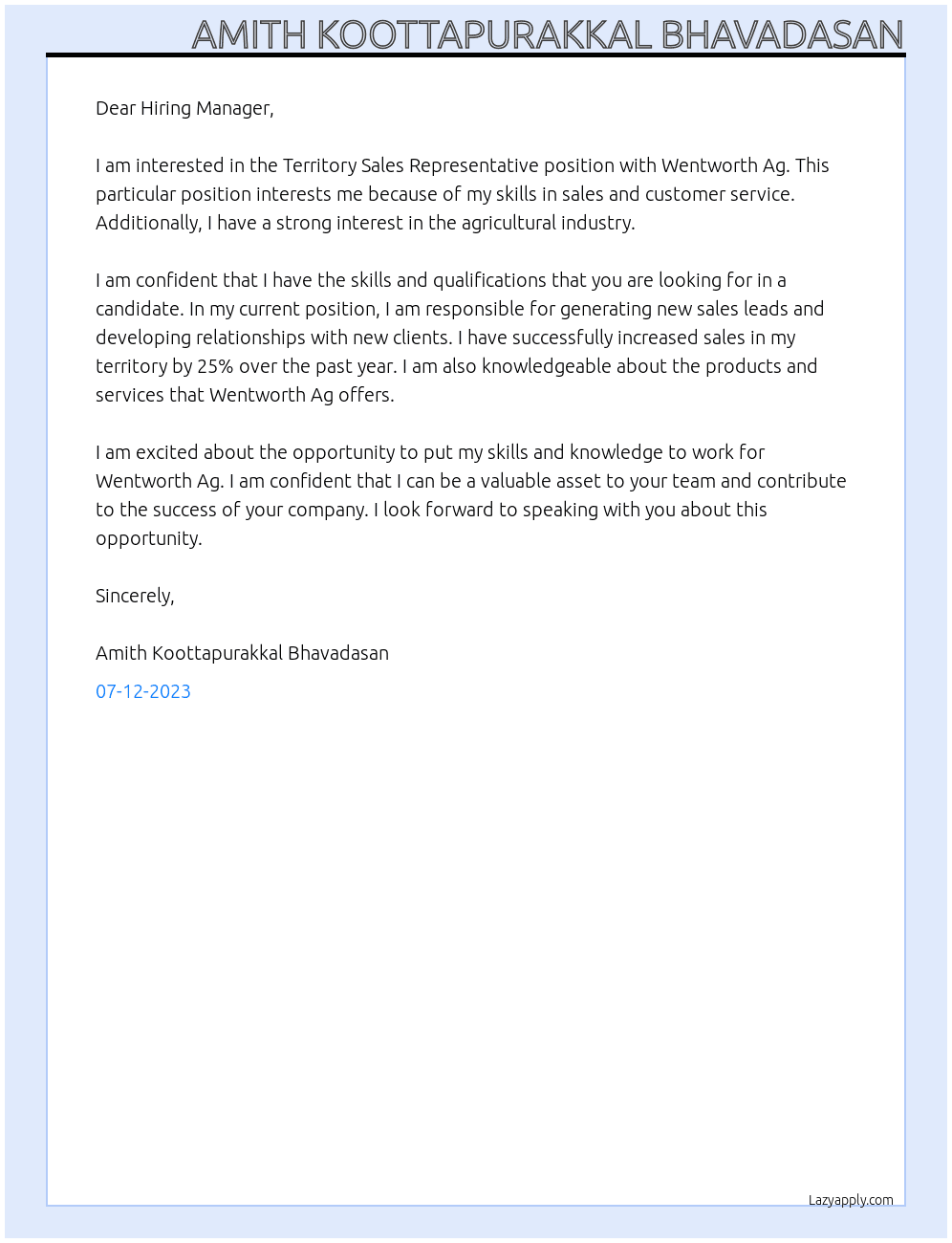 Territory Sales Representative At Wentworth Ag Cover Letter