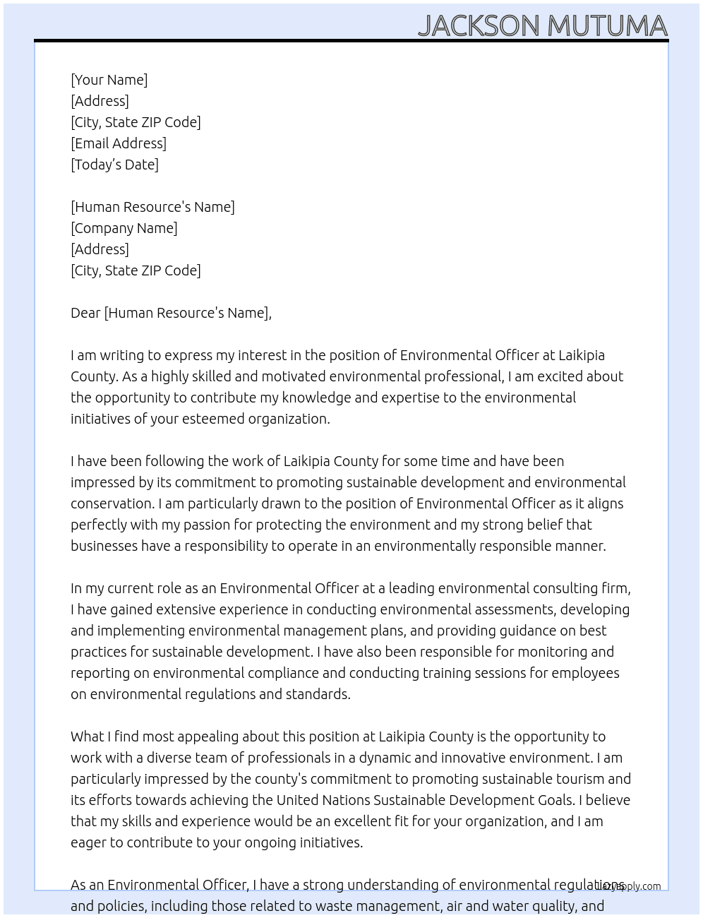 environmental officer At laikipia county Cover Letter