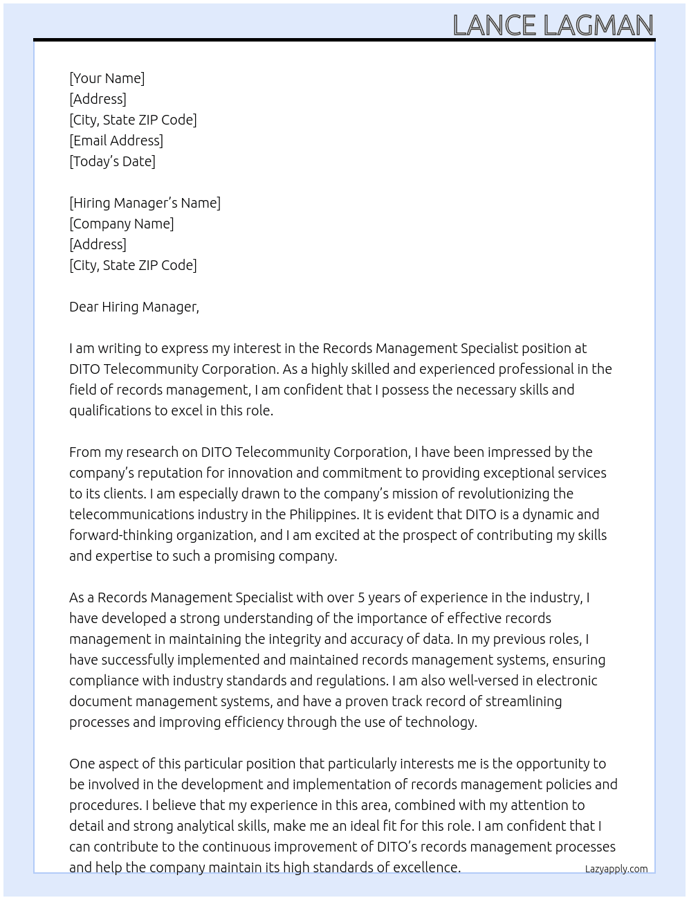 Records Management Specialist At DITO Telecommunity Corporation Cover Letter