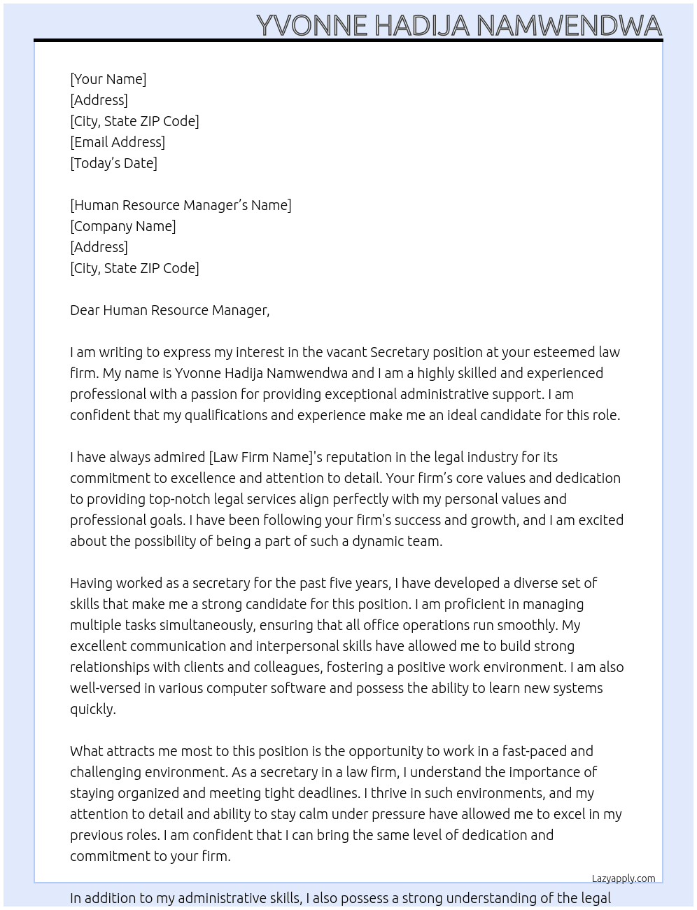 secretary  At law firm Cover Letter