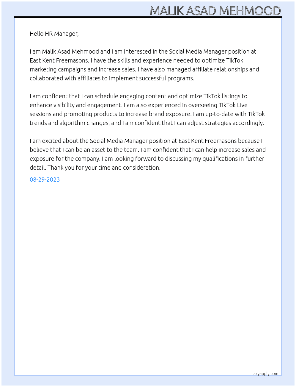 Social Media Manager At East Kent Freemasons Cover Letter