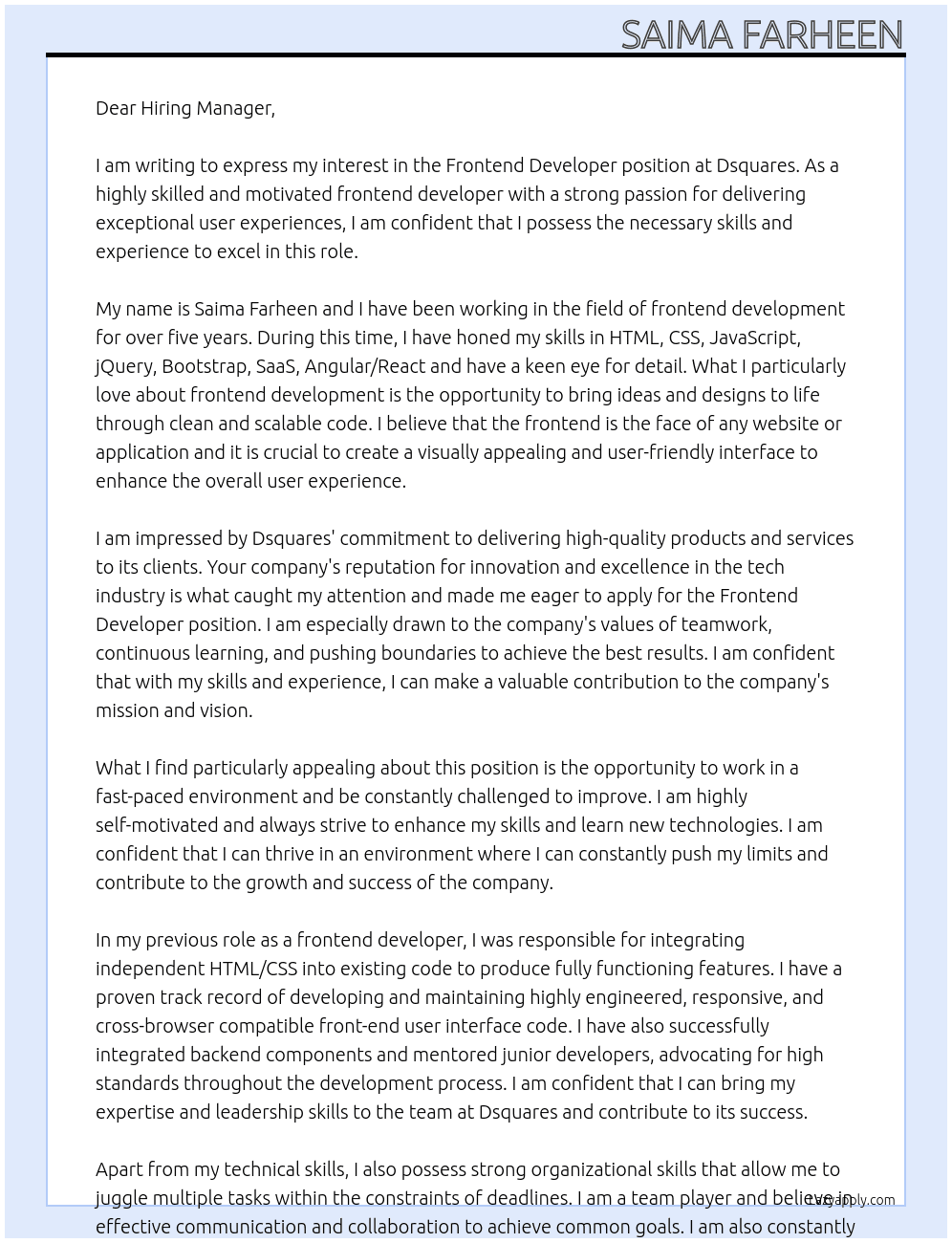 Frontend Developer At Dsquares Cover Letter