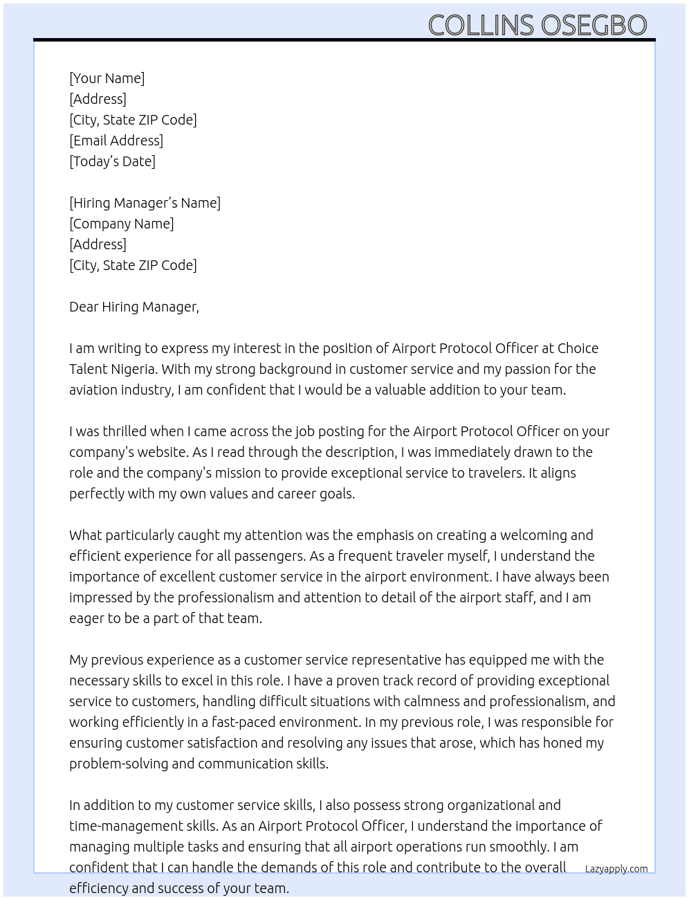 Airport protocol officer At Chioce talent Nigeria  Cover Letter