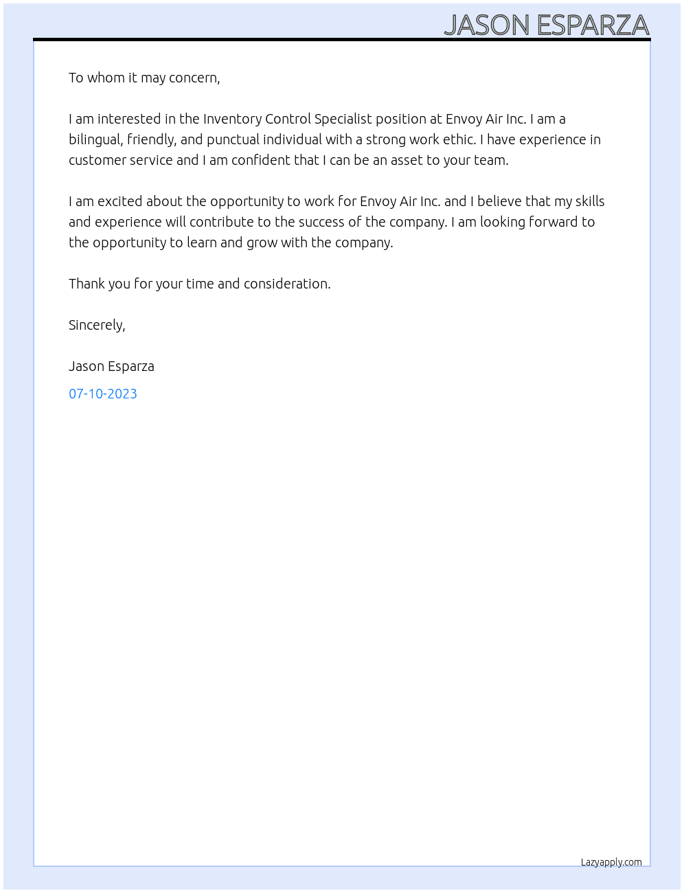 Inventory Control Specialist  At Envoy Air Inc. Cover Letter