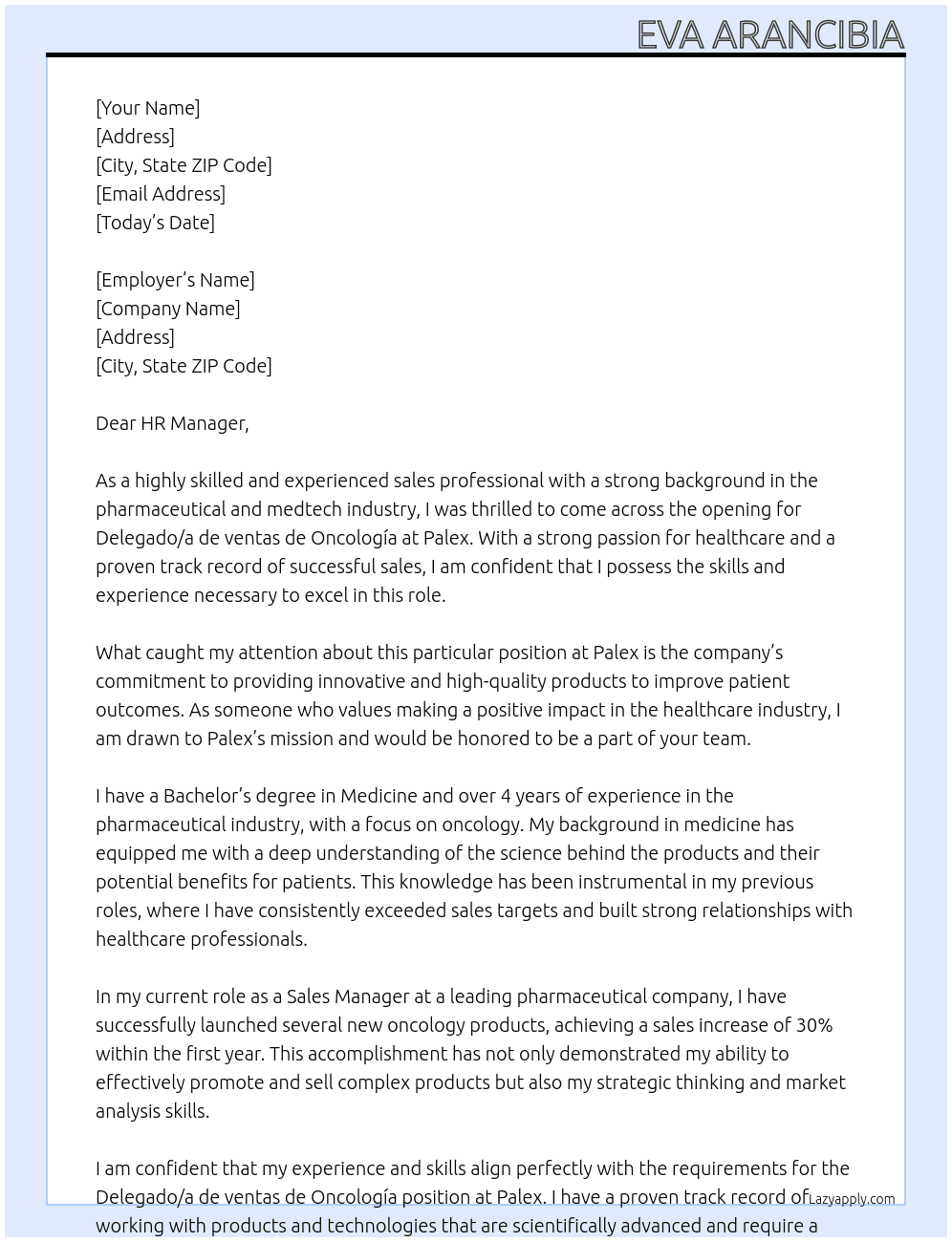 Delegado/a de ventas de Oncología At Palex Cover Letter
