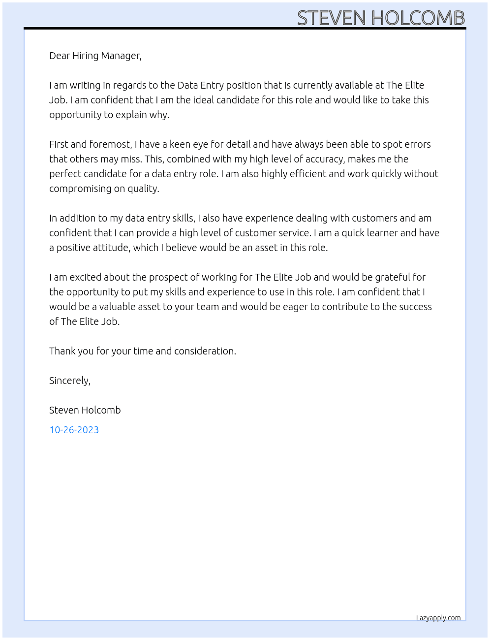 Data Entry At The Elite Job Cover Letter