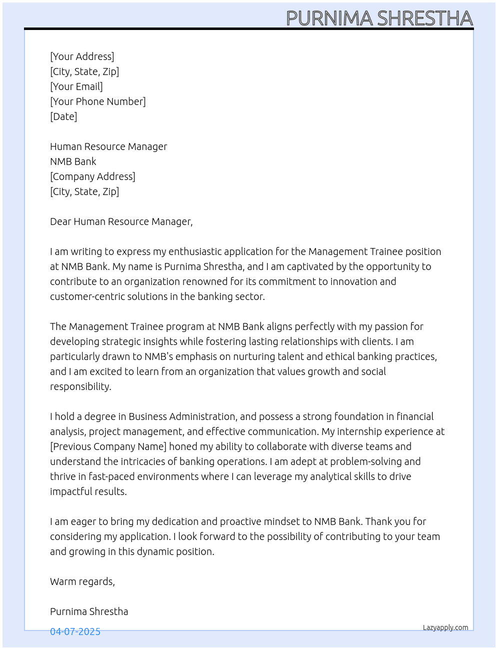 Management Trainee At NMB bank Cover Letter
