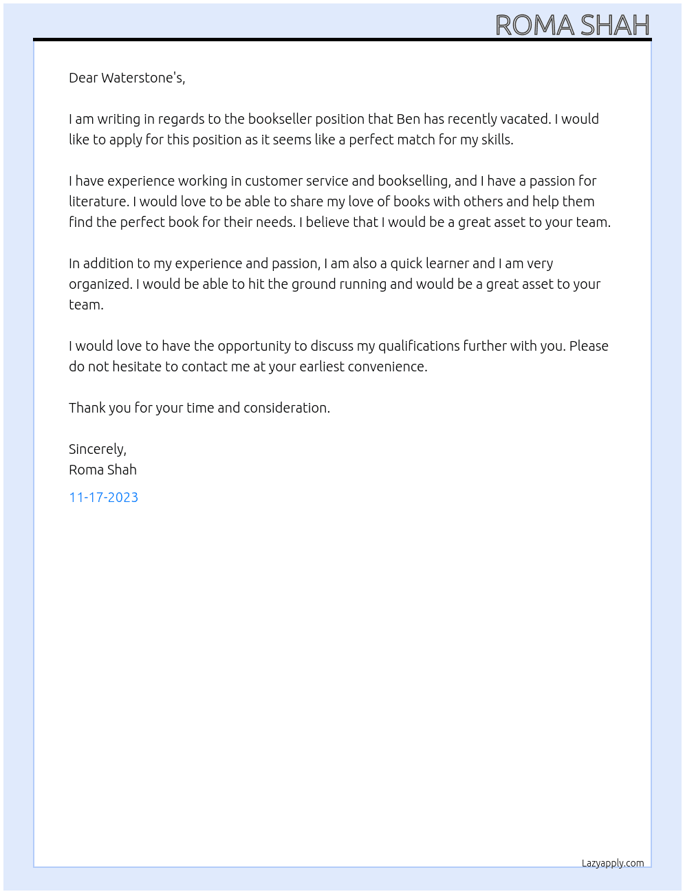 Bookseller At Waterstone's Cover Letter