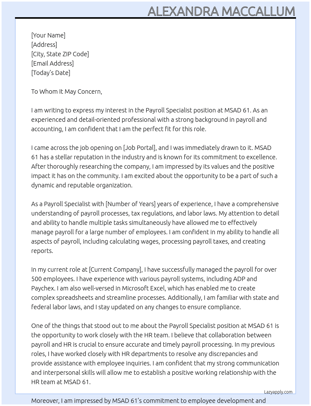 Payroll Specialist At MSAD 61 Cover Letter