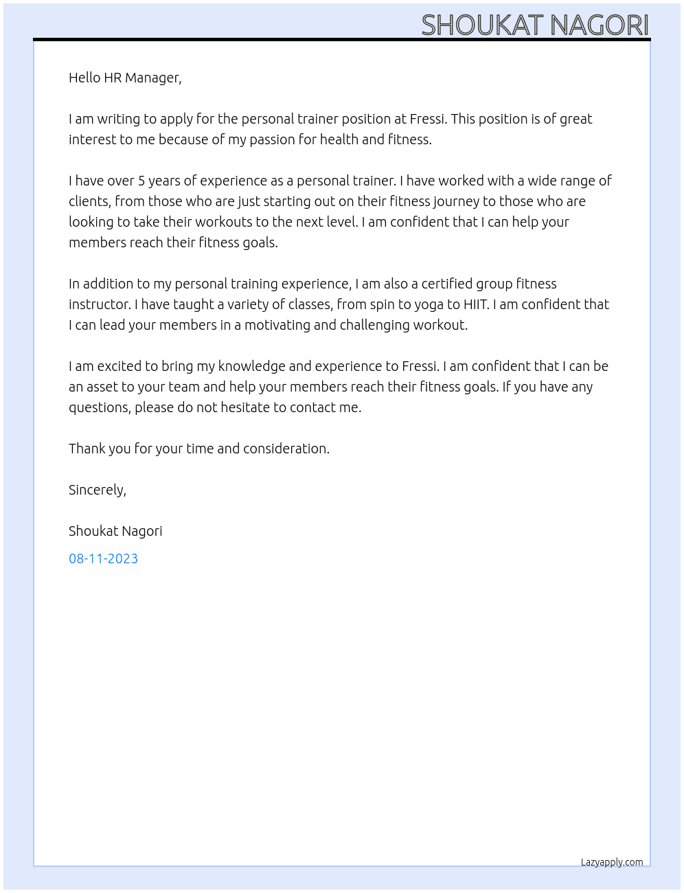 PERSONAL TRAINER At FRESSI Cover Letter