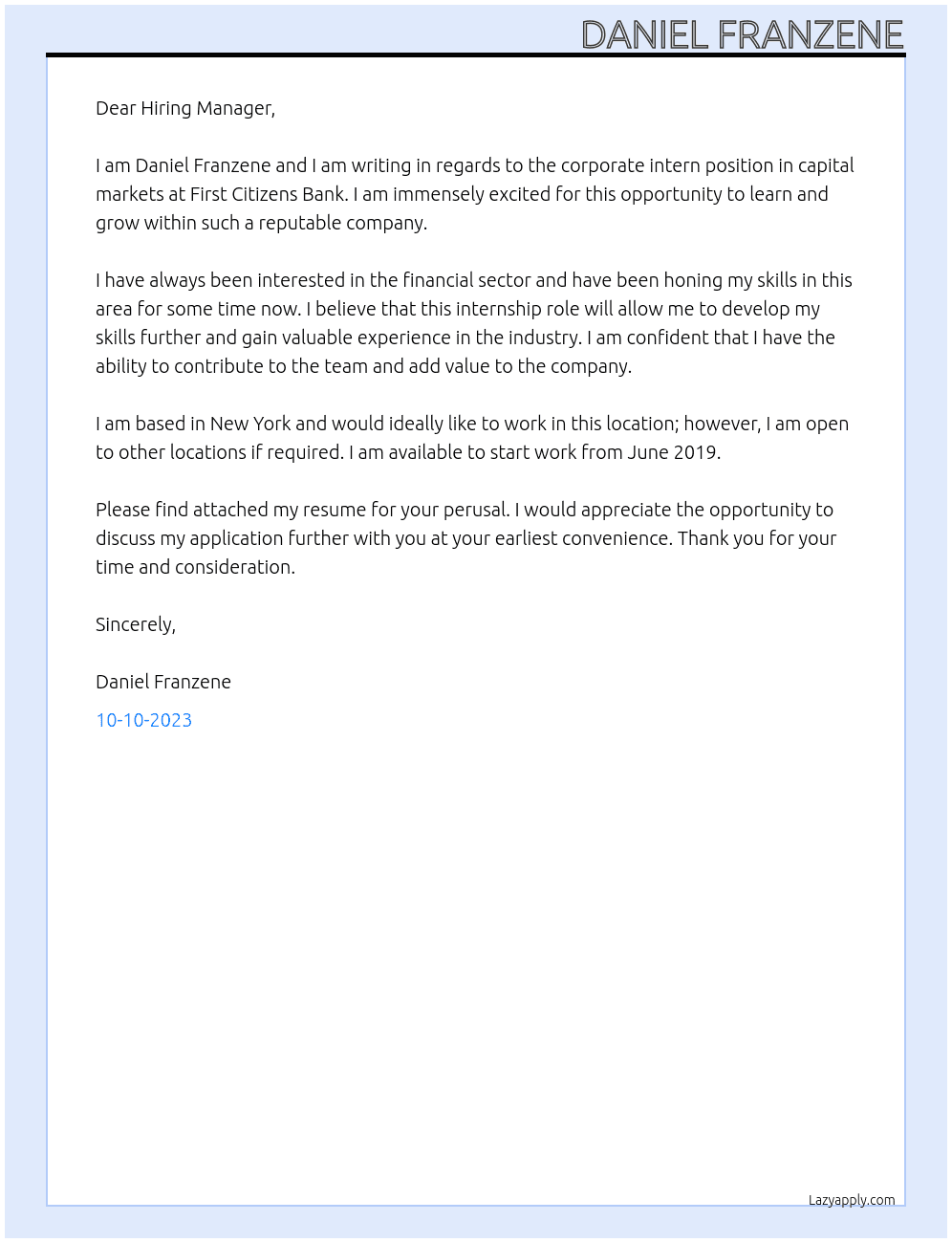 Corporate Intern - Capital Markets At First Citizens Bank Cover Letter