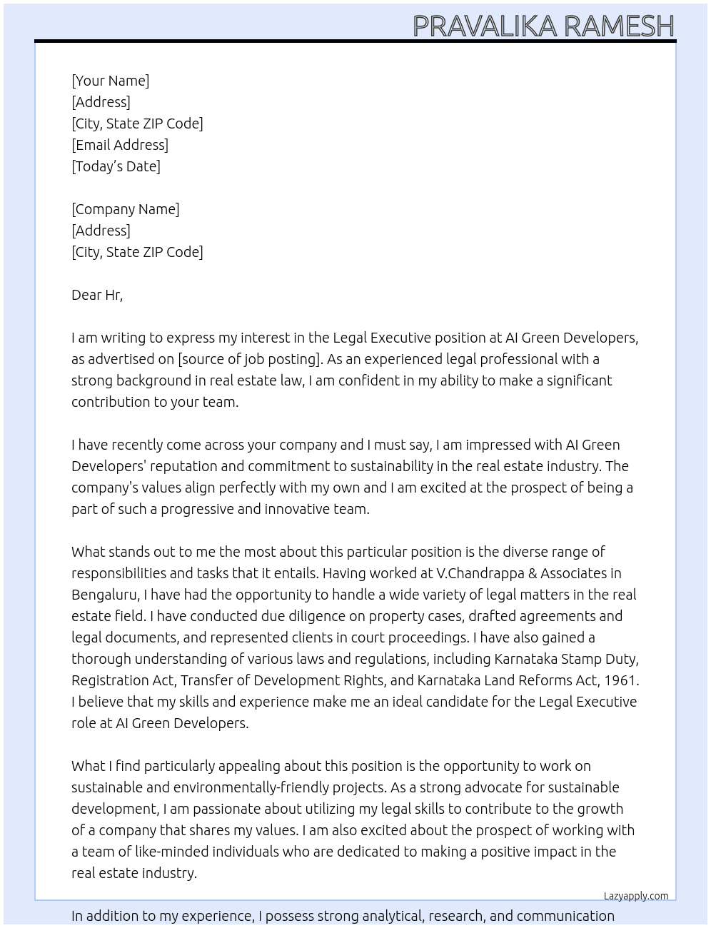 Legal executive  At AI Green developers  Cover Letter