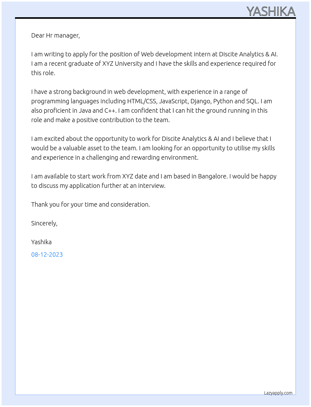 Web development intern  At Discite Analytics & AI Cover Letter
