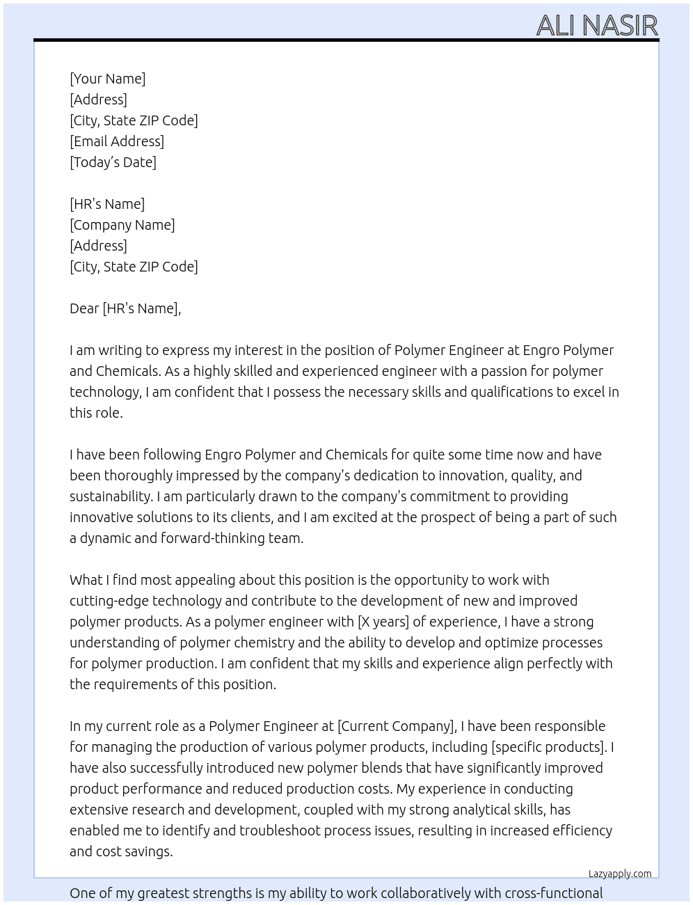 polymer engineer At engro polymer and chemicals Cover Letter