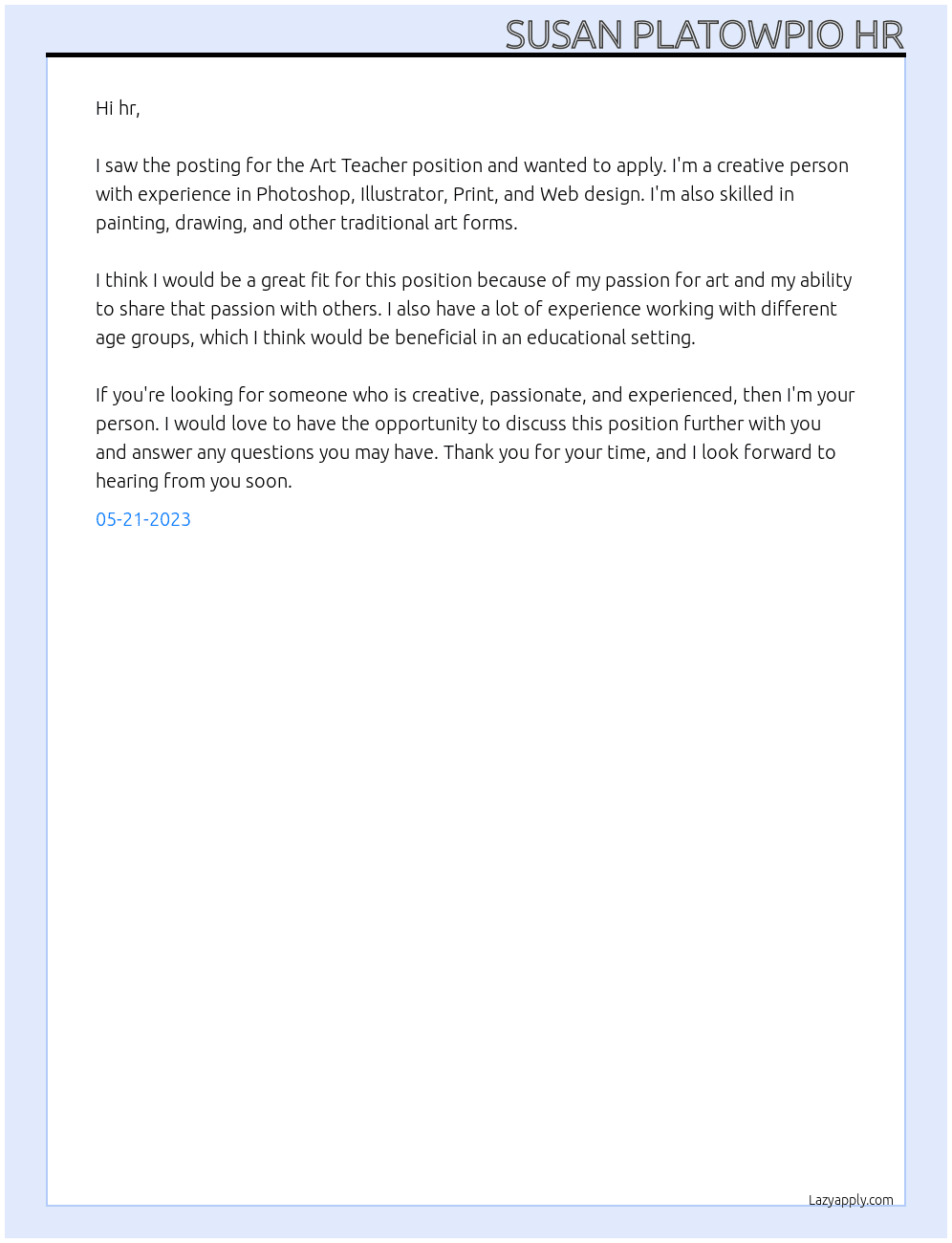 Art Teacher At pio  Cover Letter