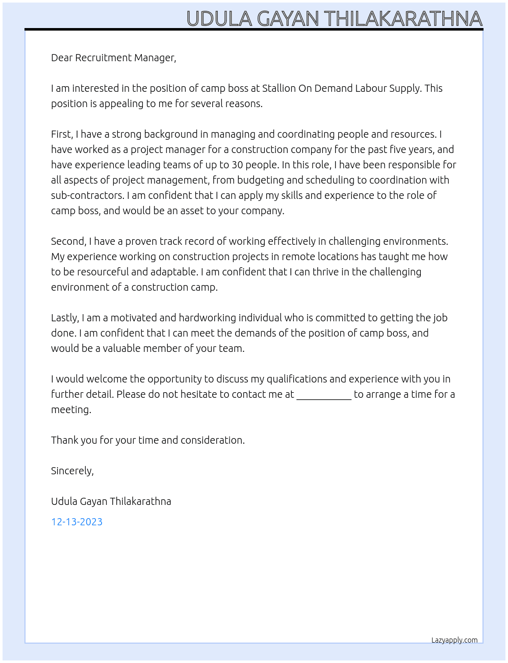 camp boss At Stallion On Demand Labour Supply Cover Letter