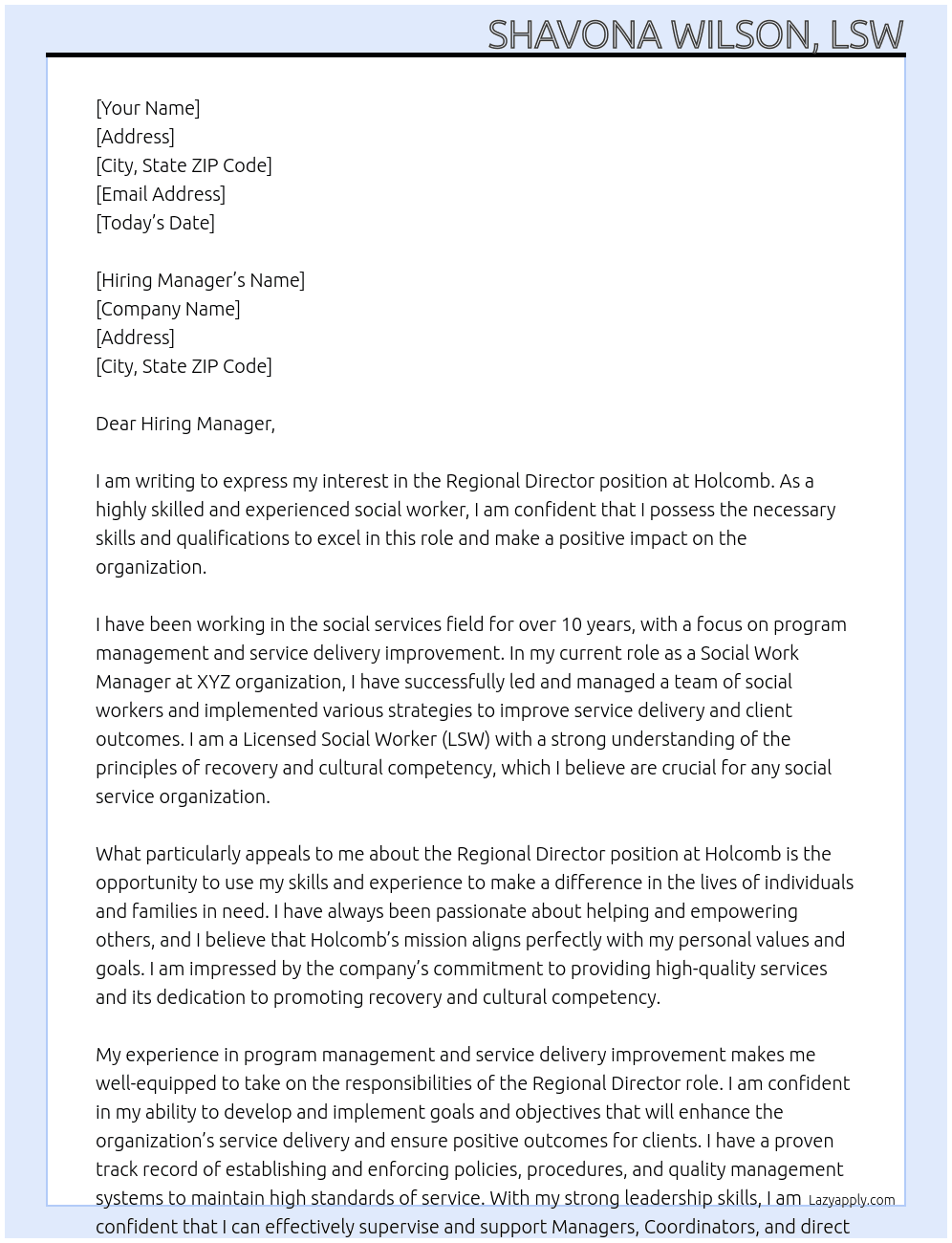 Regional Director  At Holcomb  Cover Letter