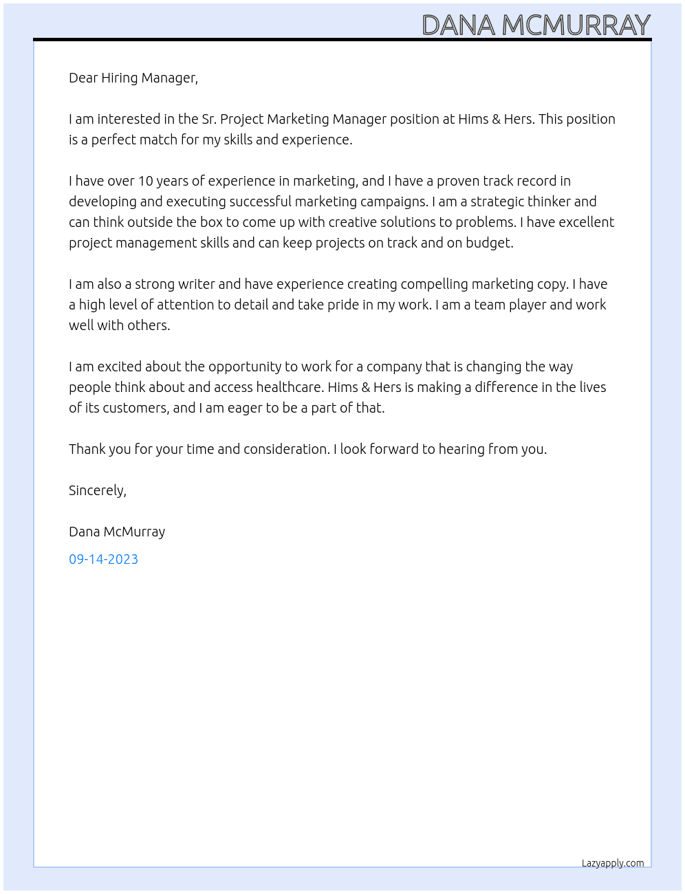 Sr. Project Marketing Manager At hims & hers Cover Letter