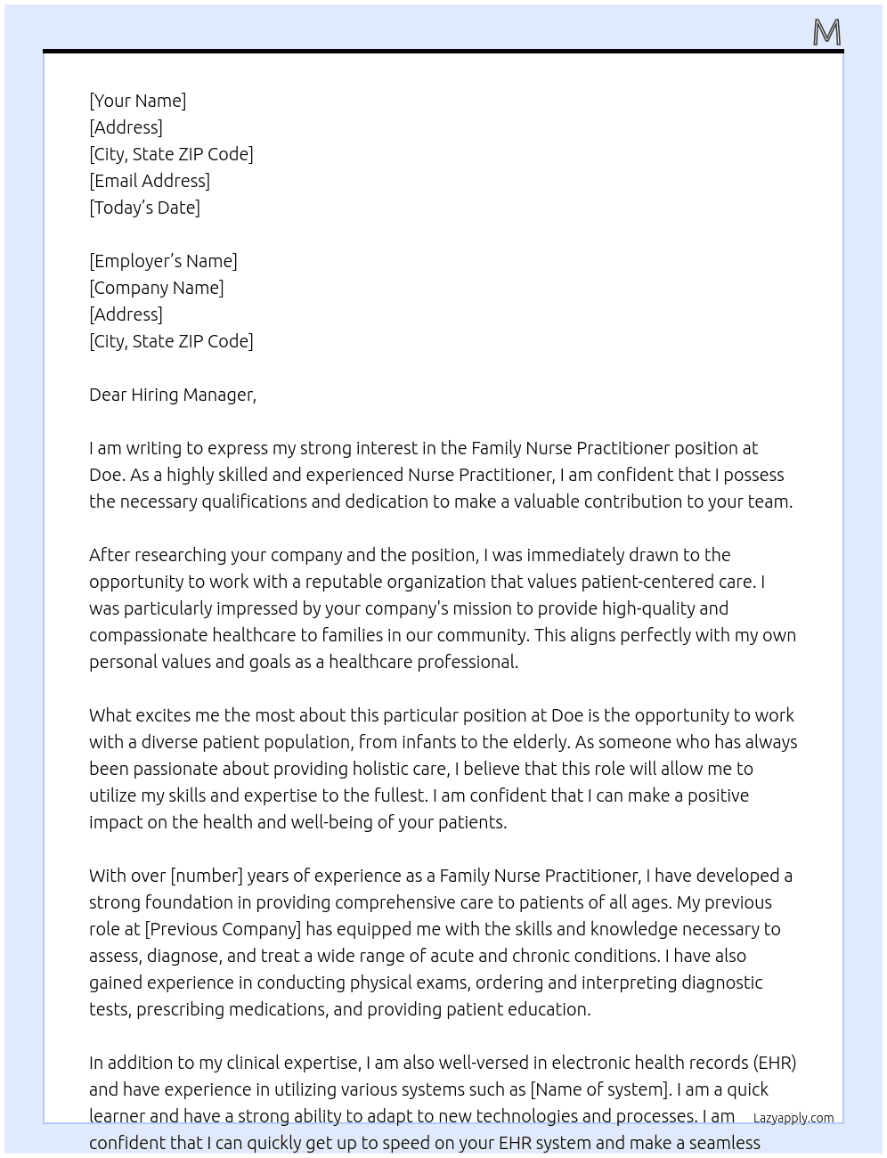 family nurse practitioner At doe Cover Letter