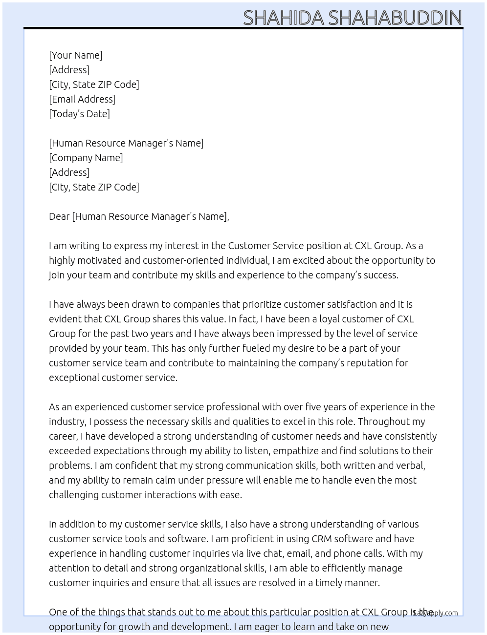 Customer Service At CXL Group Cover Letter