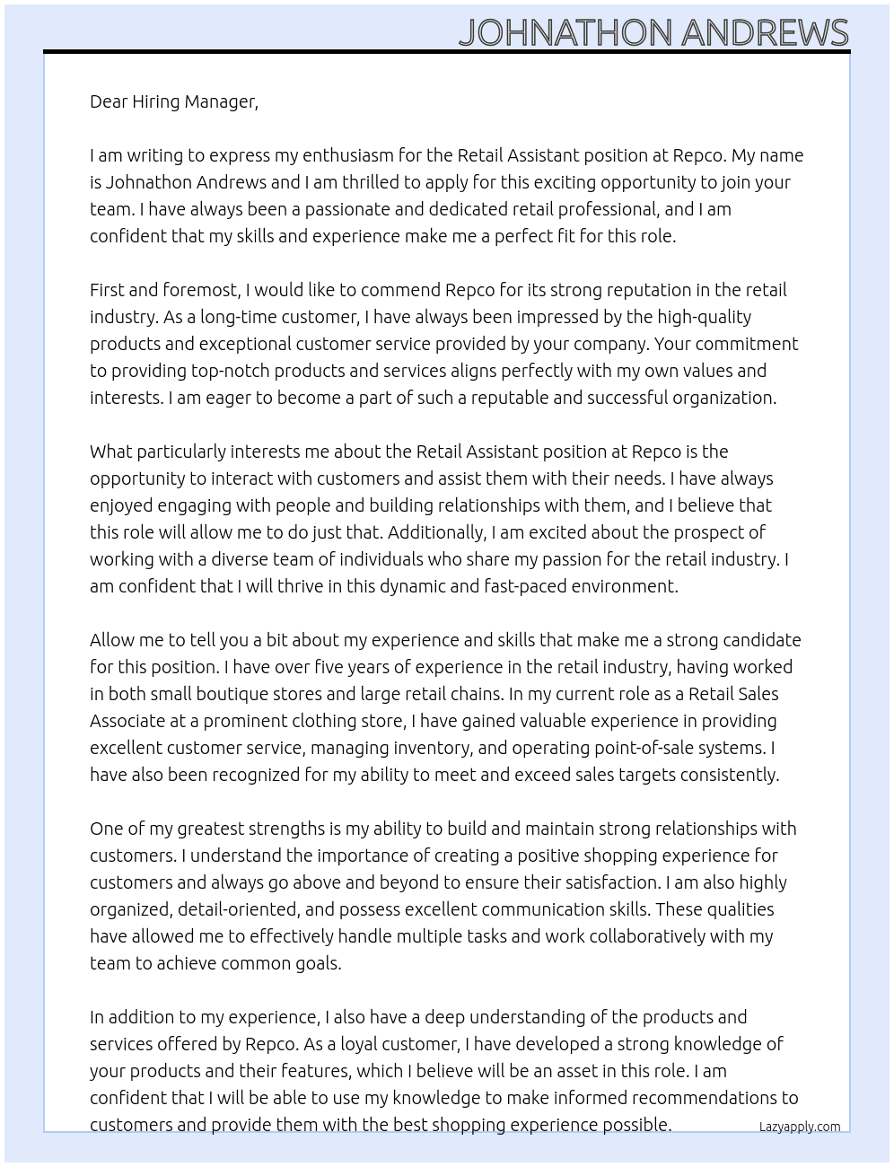 Retail Assistant At Repco Cover Letter