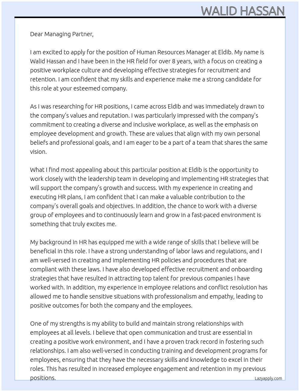 Human Resources Manager At Eldib Cover Letter