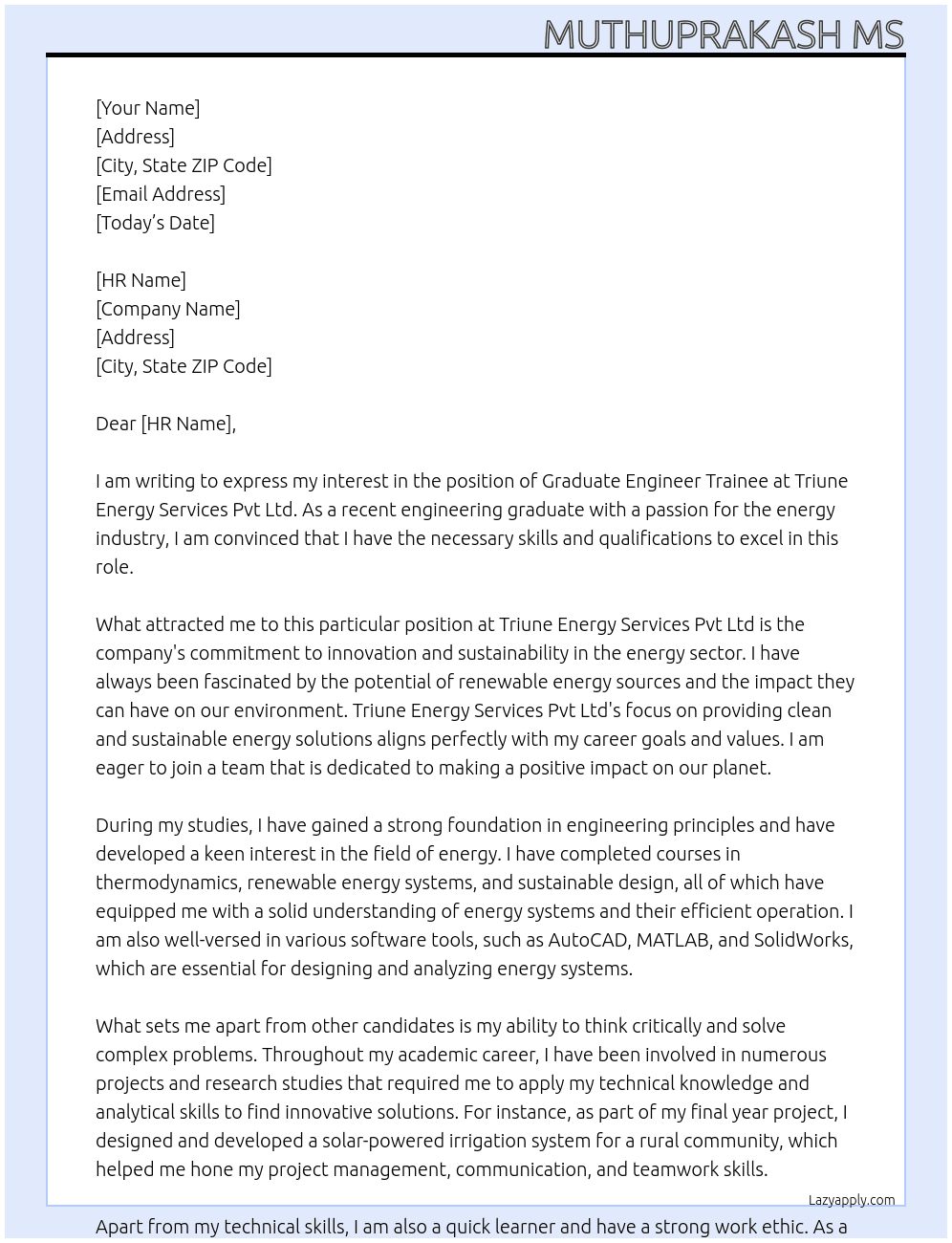 Graduate engineer trainee  At Triune energy services Pvt Ltd  Cover Letter
