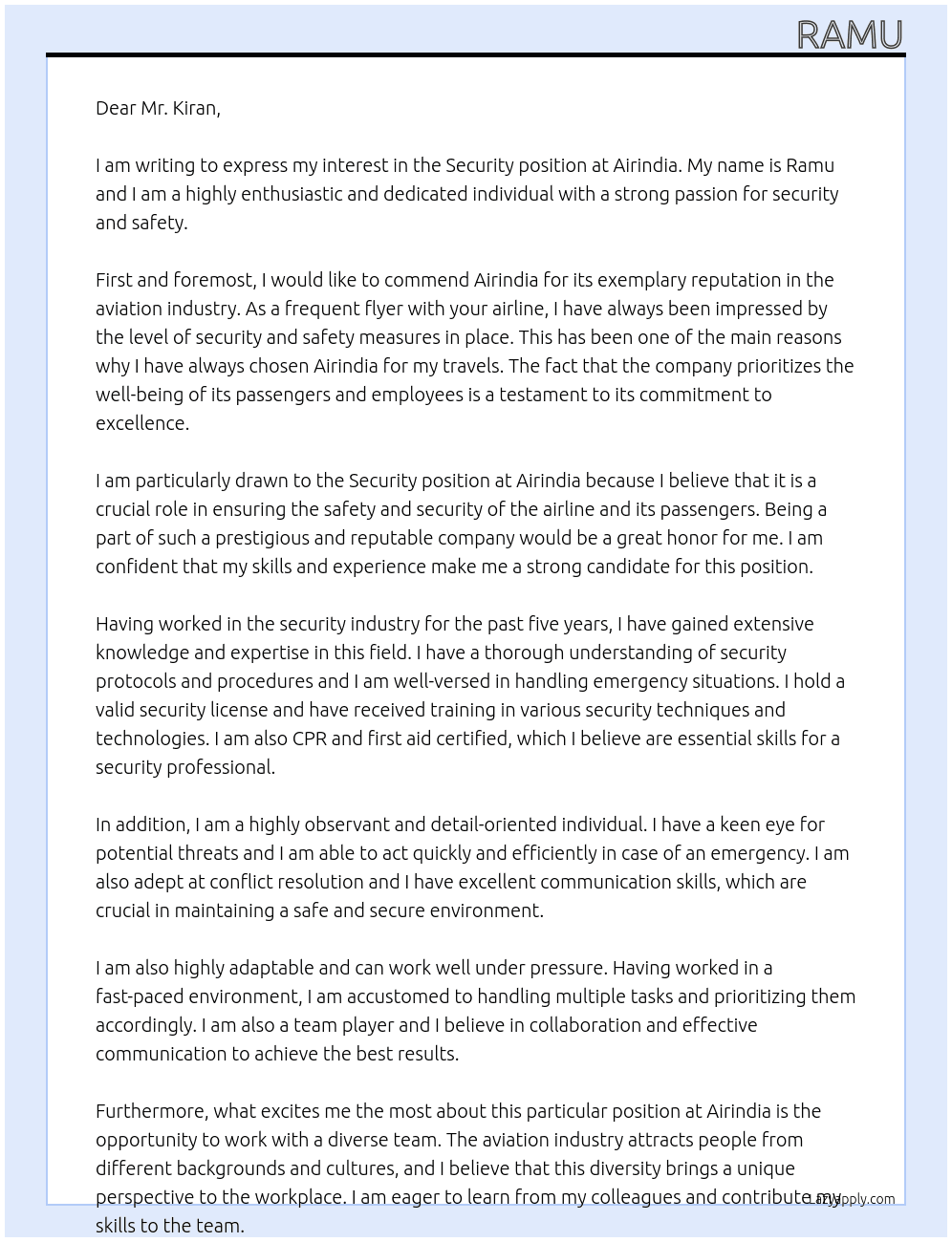 Security  At Airindia  Cover Letter
