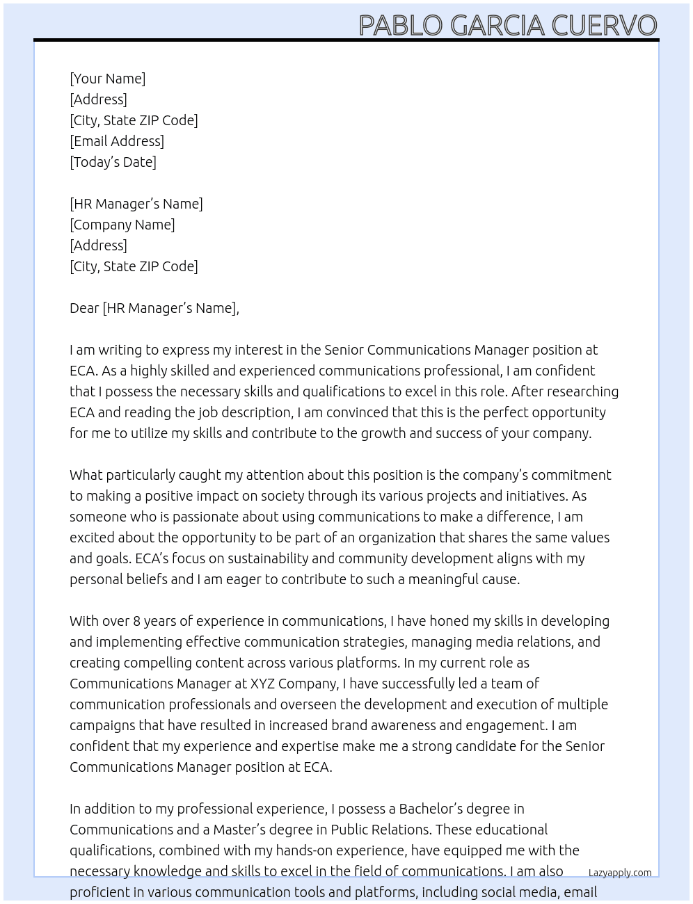 Senior communications manager At ECA Cover Letter