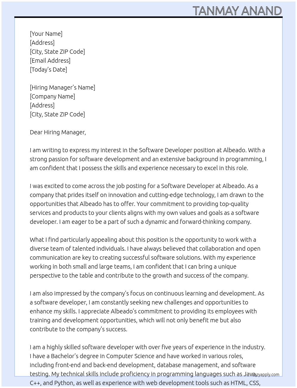 Software developer At Albeado Cover Letter