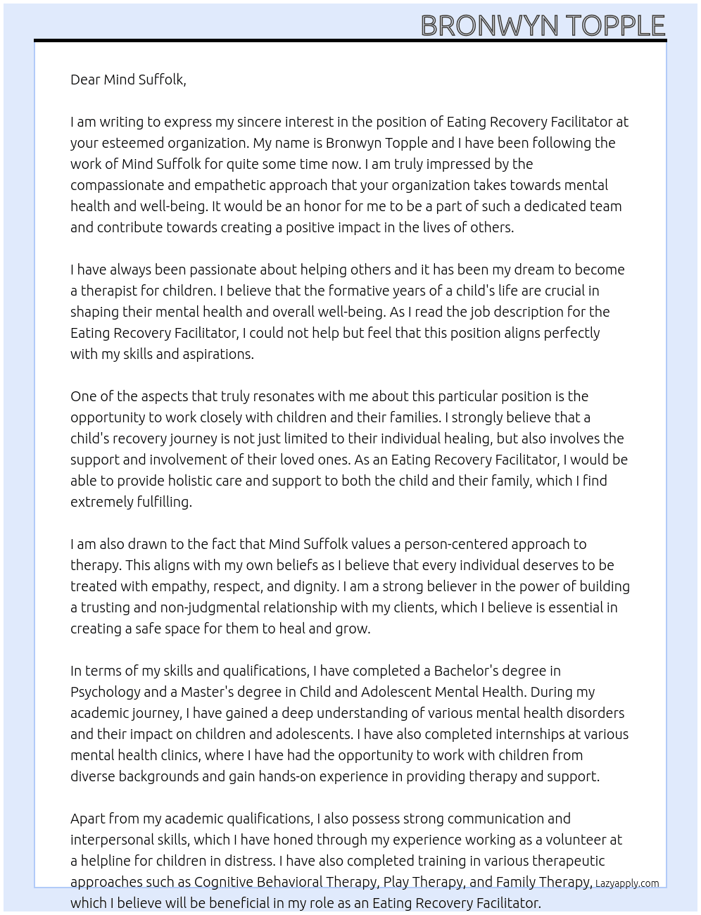 Eating recovery facilitator At Mind suffolk Cover Letter