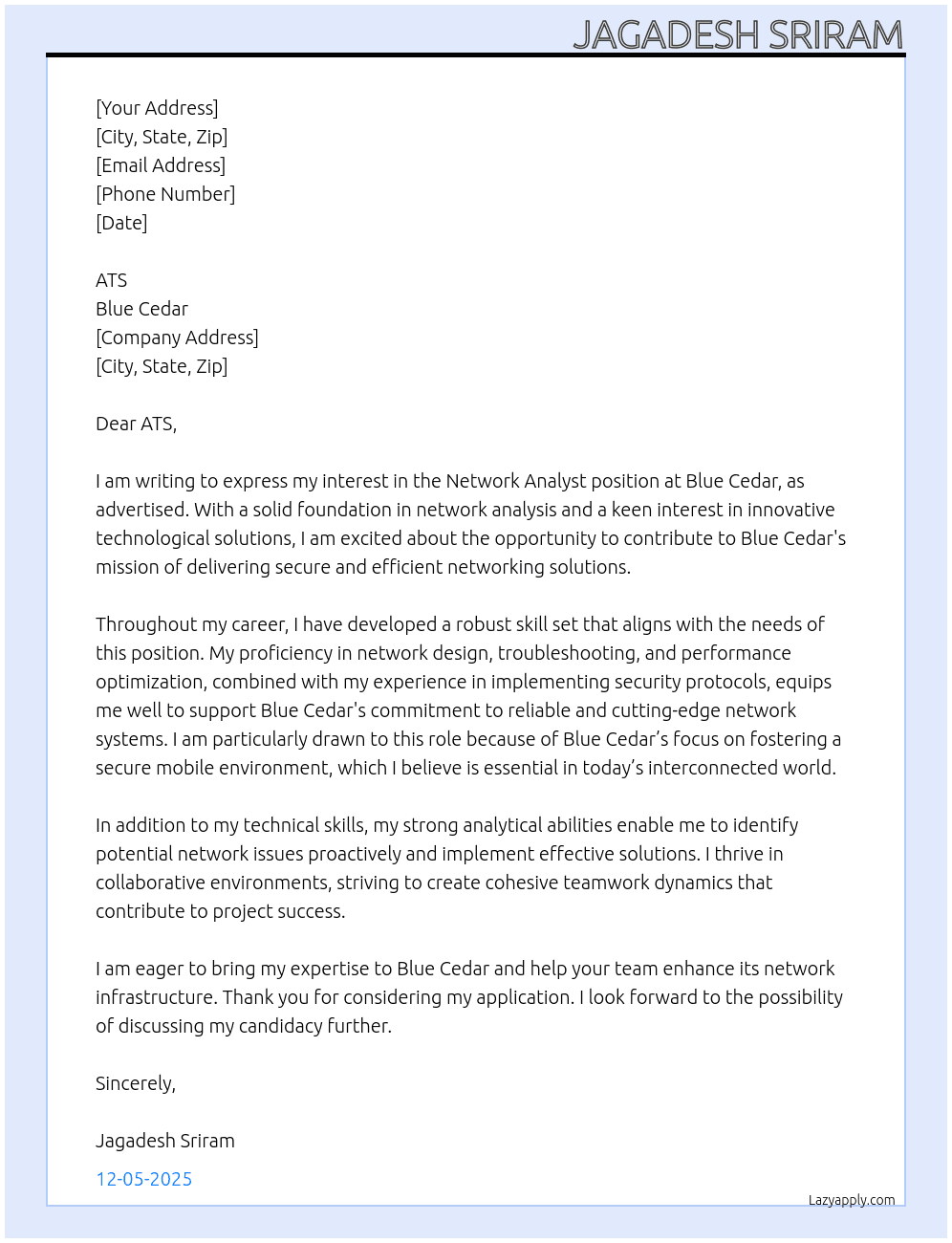 Network analyst At blue cedar Cover Letter