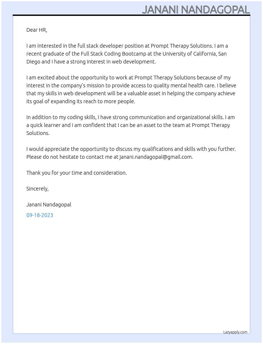 Full stack developer At Prompt Therapy Solutions Cover Letter