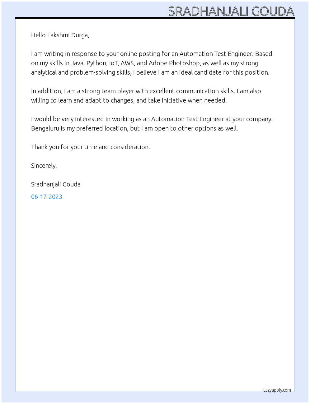 Automation Test Engineer At organization Cover Letter