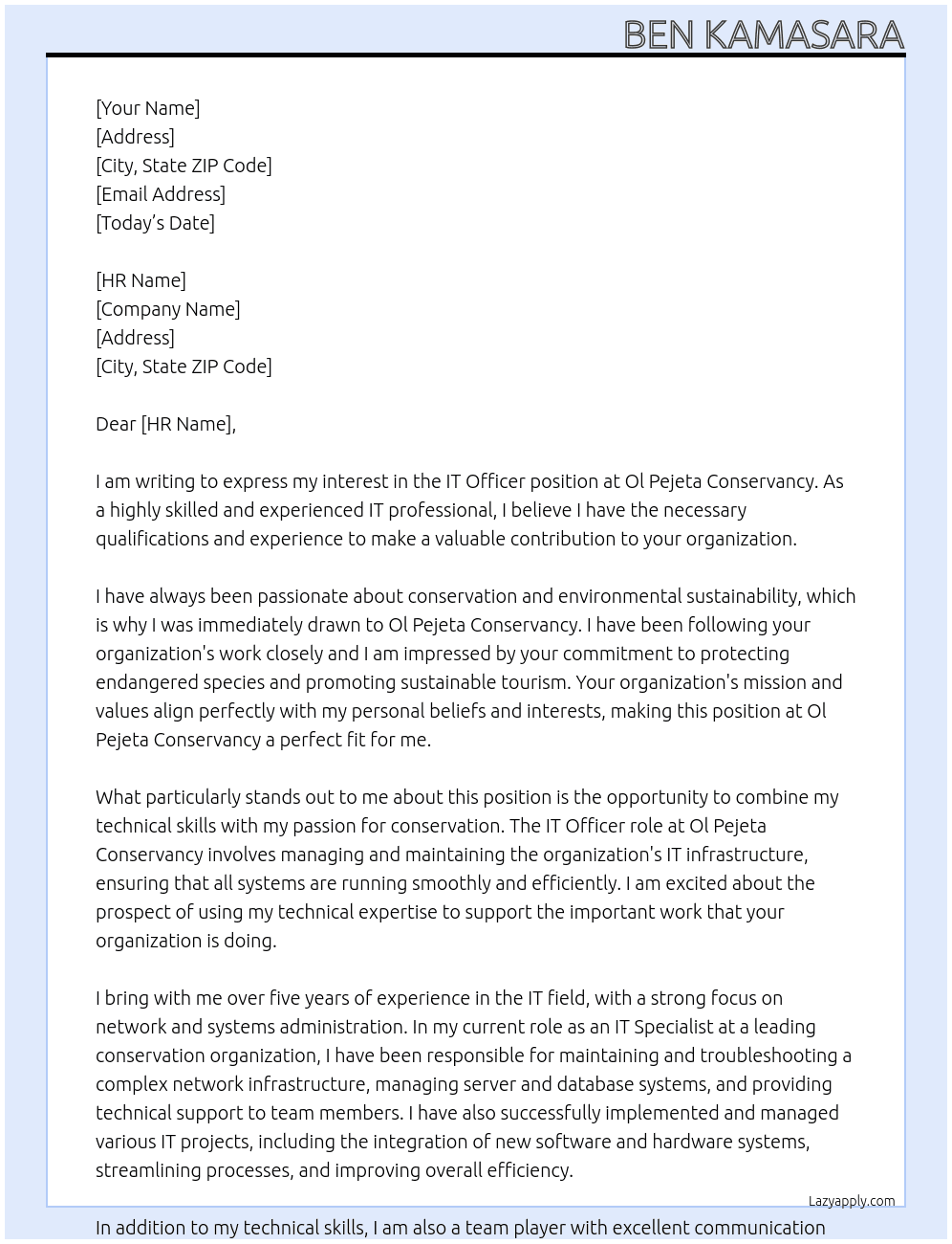 IT Officer At Ol Pejeta Conservancy Cover Letter