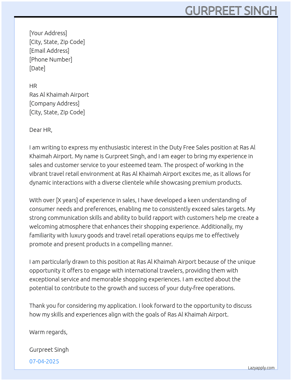 Duty free sales  At Ras Al khaimah airport  Cover Letter