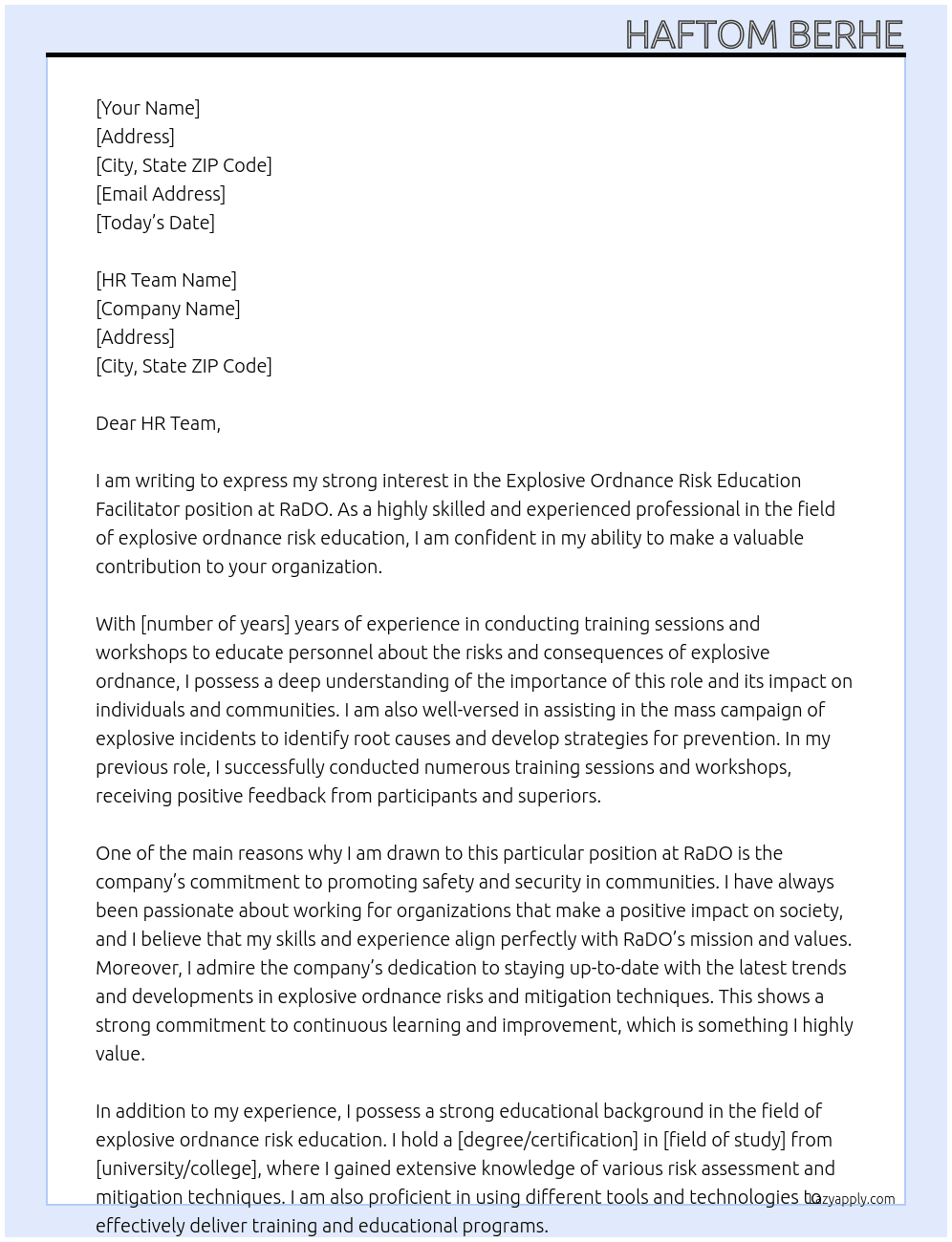 Explosive Ordnance Risk Education Facilitator  At RaDO Cover Letter