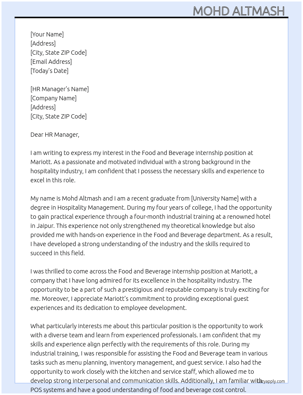 Food and Beverage internship At Mariott Cover Letter