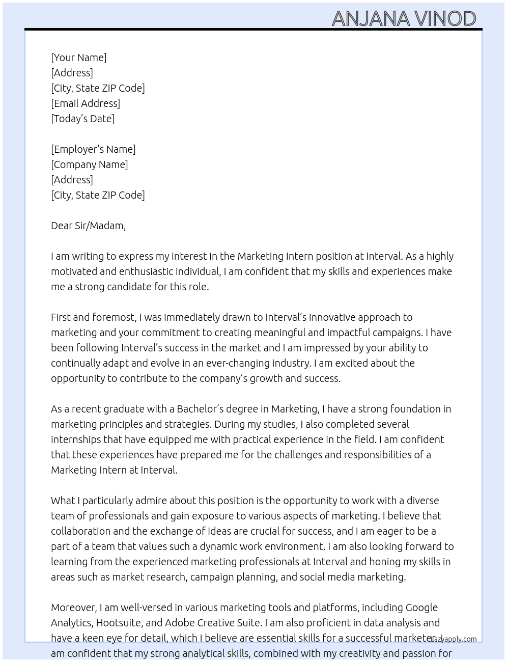 Marketing interm At Interval  Cover Letter