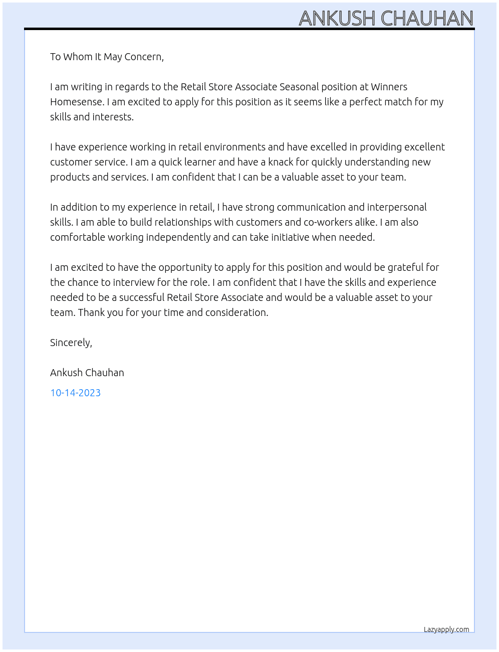 Retail Store Associate Seasonal At  Winners Homesense  Cover Letter